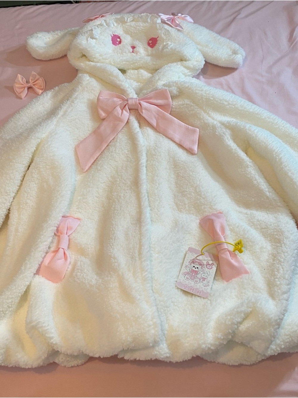 NWT Kawaii Huhu EGL Lolita White & Pink Bunny Hooded Coat + Leg Warmers Set - Picture 3 of 9